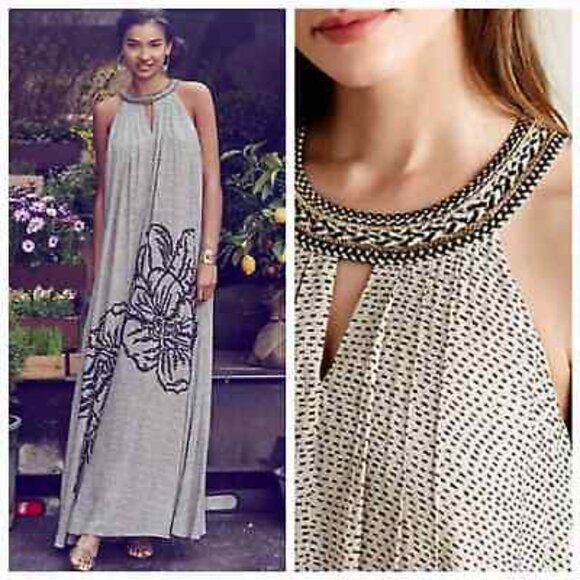 Anthropologie Ranna Gill Grandiflora Beaded Floral Brown Sleeveless Maxi Dress L - Picture 2 of 3